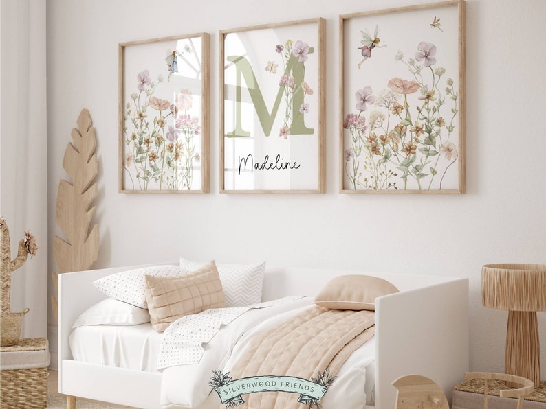 Wildflower Fairy Nursery Prints, Floral Name Nursery Wall Art, Wild Flower Nursery Art, Girl Nursery Prints, Custom Boho Baby Digital Print image 2