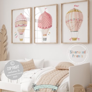 Baby Girl's Pink Hot Air Balloon Nursery Prints, Pastel Wildflower Nursery Wall Art, Girl's Wildflower Adventure Nursery Decor Digital Print