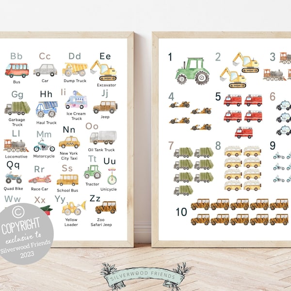 Transport Alphabet and Number Print, Vehicles ABC Print, Boys Nursery Decor, Boy Playroom Poster, Educational Classroom Poster Digital Print