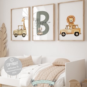 Safari Tier Auto Kinderzimmer Drucke, Dschungel Tier Auto Kinderzimmer Dekor, Jungen Kleinkind Transport LKW Zimmer Safari Auto Kinderzimmer Dekor Digitaldrucke