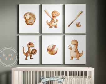 Baseball Nursery Print Set of 6, Baby Boy Dinosaur Baseball Nursery Decor, Kids Room Dino Sport Theme Baseball Room Wall Decor Digital Print