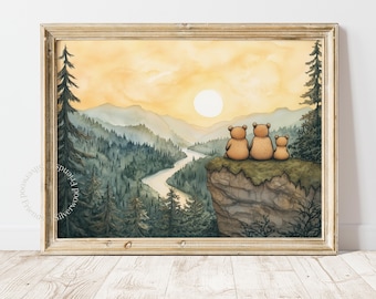 Baby Bear Family Mountain Nursery Print, Golden Sunset Mountain Forest Printable Nursery Wall Art (Digital Download) 286