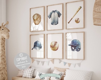 Baseball Nursery Prints Set of 6, Baby Boy Nursery Prints, Sport Theme Room Decor, Baseball Printable Posters, Kids Baseball Digital Prints