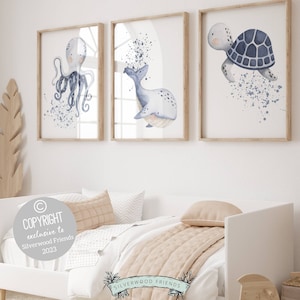 Láminas para habitación infantil con temática marina, arte de pared para habitación infantil bajo el mar, decoración infantil submarina para niños, habitación infantil con temática oceánica, impresión digital de decoración infantil con ballenas