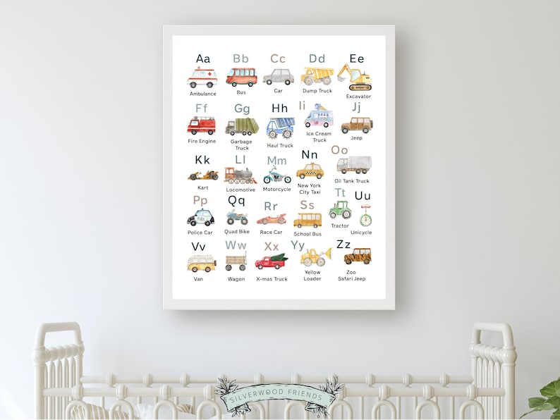 Transport Alphabet Print, Construction Vehicles ABC Print, Boys Nursery Decor, abc Playroom Poster,Homeschool Learning Letters Digital Print image 10