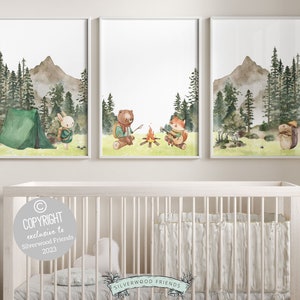 Camping Nursery Prints, Woodland Hiking Nursery Decor, Bear Nursery Wall Art, Nature Nursery Picture, Forest Mountains Nursery Digital Print