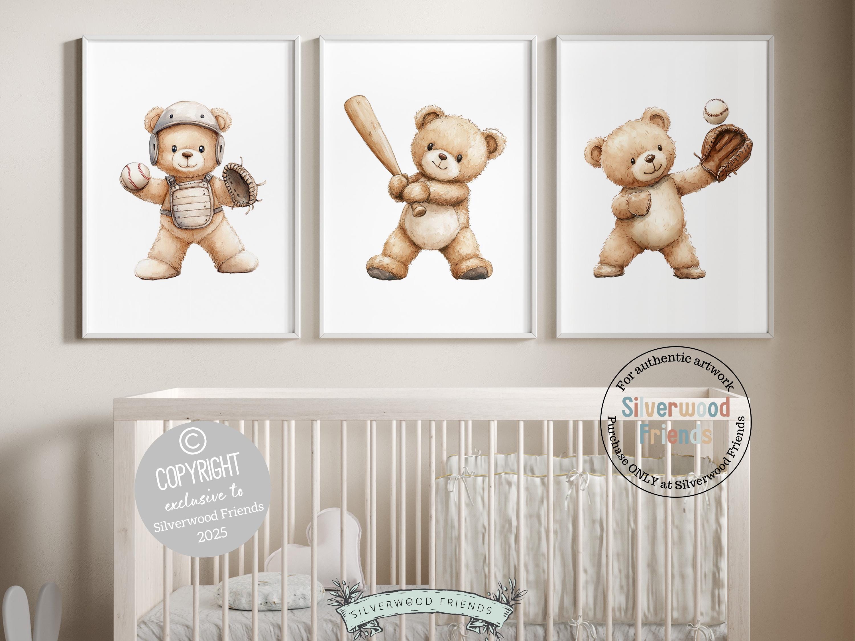 Baseball Nursery Prints, Woodland Teddy Bear Nursery Decor, Boys Room Sport Theme Decor, Teddy Bear Baseball Neutral Nursery Digital Prints