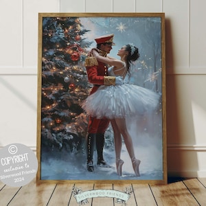 May include: A framed painting depicting a couple dancing in a snowy woodland setting. The man is dressed in a red military uniform, while the woman wears a white tutu. The scene is set against a backdrop of a snowy forest with a Christmas tree visible in the background.