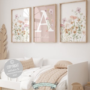 Láminas originales de flores silvestres para guardería, arte mural con nombre floral, arte de flores silvestres para guardería, lámina para guardería de niña, impresión digital bohemia de flores silvestres.