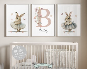 Bunny Nursery Prints, Floral Bunny Nursery Wall Art, Wildflower Nursery Decor, Girl's Ballerina Nursery Prints, Ballet Nursery Digital Print