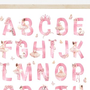 May include: Pink watercolor alphabet with ballerina illustrations and embellishments. The letters are in a pink watercolor style with a ballerina, flowers, butterflies, and other embellishments.