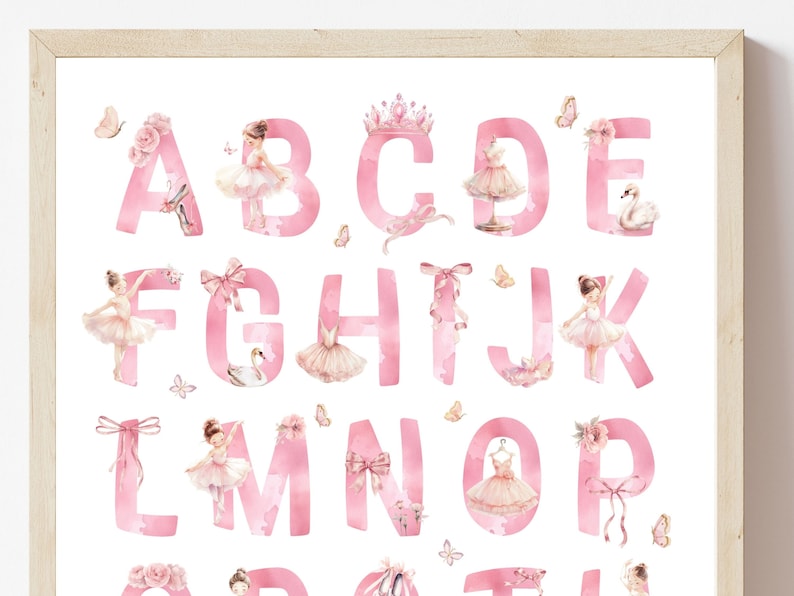 May include: Pink watercolor alphabet with ballerina illustrations and embellishments. The letters are in a pink watercolor style with a ballerina, flowers, butterflies, and other embellishments.