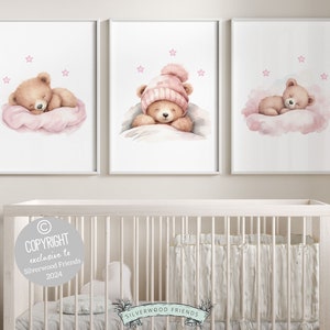 Baby Girls Teddy Bear Nursery Prints, Teddy Bear Nursery Decor, Pink Teddy Bear Nursery Wall Art, Baby Girl Room Wall Decor Digital Prints