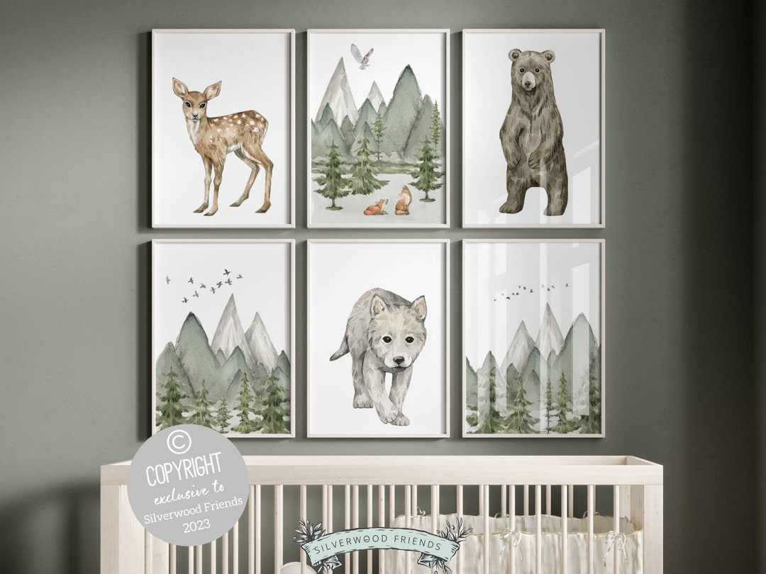 Set of 6 Woodland Mountain Nursery Prints, Baby Wolf Nursery Print ...
