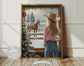 May include: A woman wearing a cowboy hat and pink shirt stands in a doorway looking out at a horse in a snowy winter scene. A Christmas tree is in the foreground.