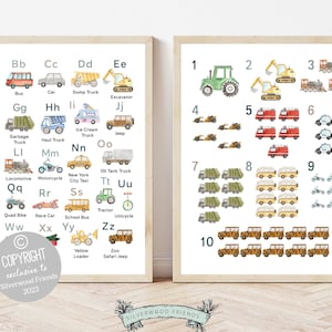 Transport Alphabet and Number Print, Vehicles ABC Print, Boys Nursery Decor, Boy Playroom Poster, Educational Classroom Poster Digital Print