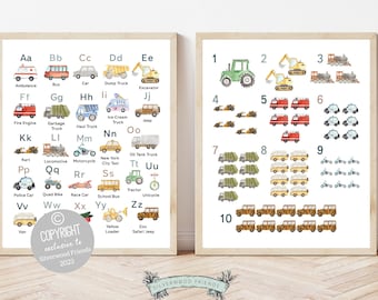 Transport Alphabet and Number Print, Vehicles ABC Print, Boys Nursery Decor, Boy Playroom Poster, Educational Classroom Poster Digital Print