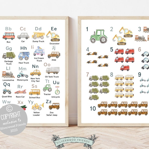 Transport Alphabet and Number Print, Vehicles ABC Print, Boys Nursery Decor, Boy Playroom Poster, Educational Classroom Poster Digital Print