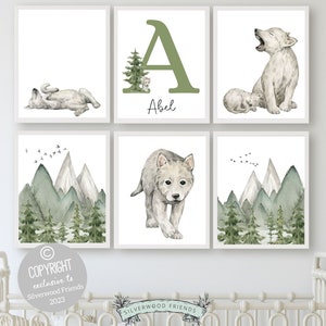 Láminas de bebé lobo para habitación de bebé, decoración de cachorro de lobo para habitación de bebé, lámina de montaña para habitación de bebé, decoración verde para habitación de bebé, letrero personalizado con nombre de bebé, lámina digital para habitación de bebé