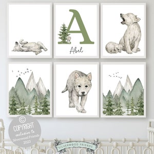 Baby Wolf Nursery Prints, Wolf Cub Nursery Decor, Mountain Nursery Print, Green Nursery Decor, Custom Baby Name Sign, Digital Nursery Print