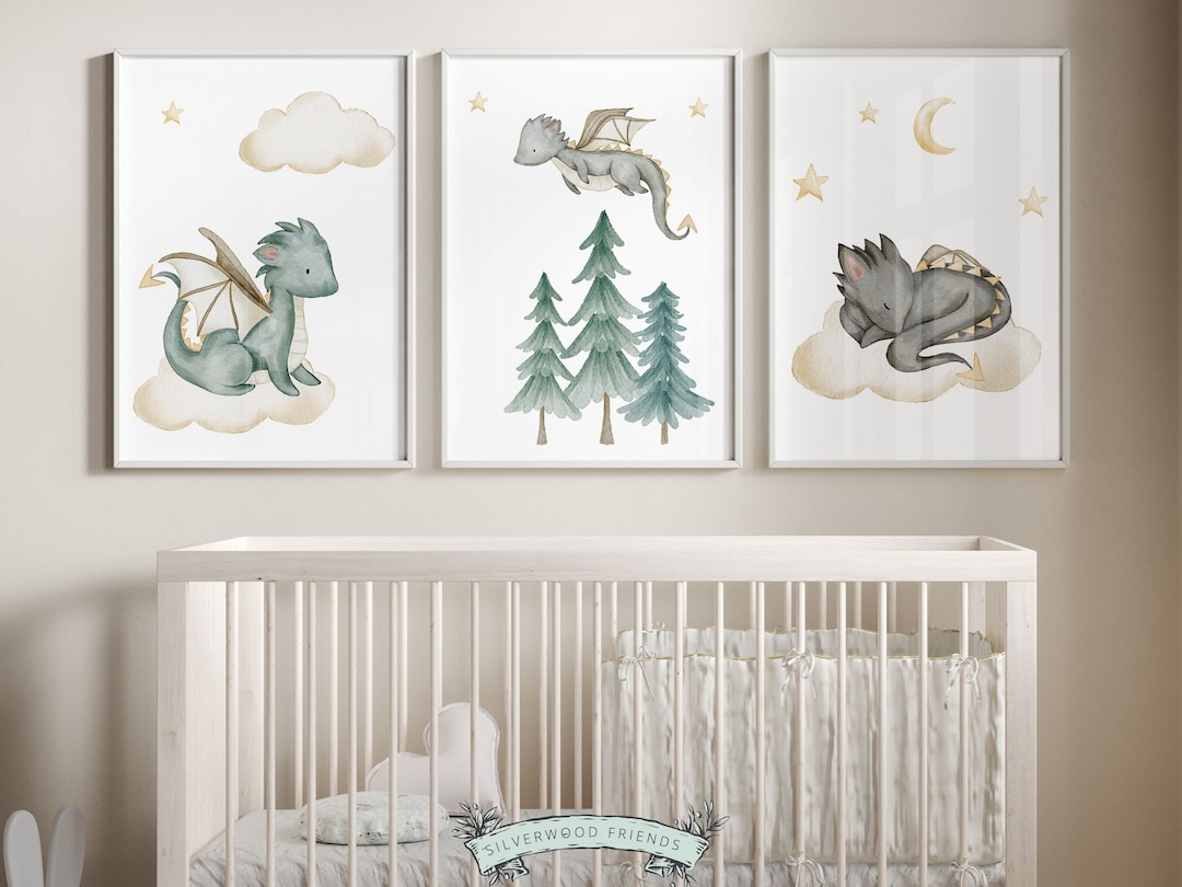 Baby Dragon Nursery Prints, Dragon Nursery Decor, Fairytale Nursery Decor, Dragon Nursery Wall