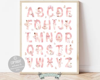 ORIGINAL Ballet Alphabet Print, Baby Girls Pink Ballerina Nursery Decor, Baby Girl Room Decor, Fairy Tale Ballerina Nursery Digital Print