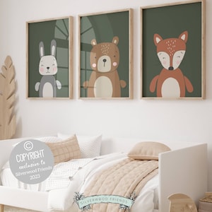Wald Kinderzimmer Poster, grün Wald Kinderzimmer Dekor, Baby Wald Tier Kinderzimmer Wand Kunst zum ausdrucken, Bär Häschen Fuchs Kinderzimmer Digitaldruck