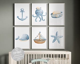 Sea Life Nursery Prints Set of 6, Ocean Theme Nautical Nursery Prints, Under The Sea Baby Shower Gift, Ocean Animal Nursery Digital Prints