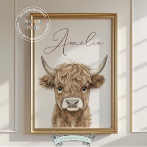 Baby Highland Cow Nursery Print, Baby Girl Pink Highland Cow Nursery Decor, Highland Cow Wall Art Picture Gift, Watercolor Cow Digital Print