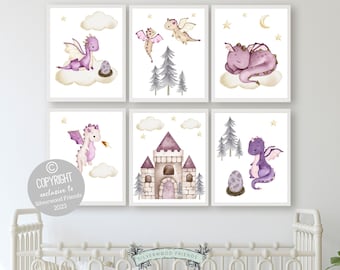 Baby Dragon Nursery Prints, Baby Girl Nursery Room Decor, Dragon Nursery Decor, Fantasy Nursery, Fairytale Nursery, Dragon Baby Shower Gift