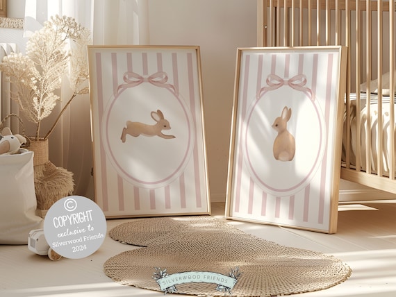 Bunny Nursery Print Set of 2, Bunny Rabbit Nursery Wall Art, Baby Girl Woodland Nursery Decor, Baby Girl Floral Bunny Nursery Digital Print