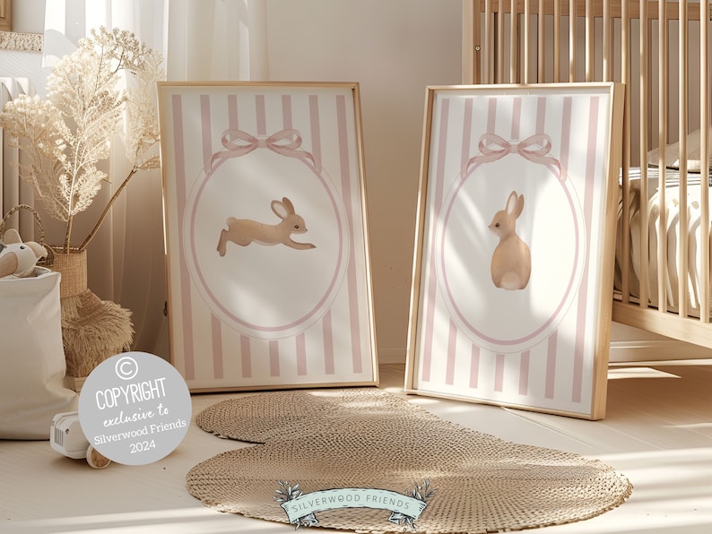 Our gorgeous baby girl Bunny Nursery Print Set, showcasing adorable bunny rabbits with pink stripes and bow, is perfect for your baby girls woodland nursery decor and makes a unique baby girl baby shower gift.