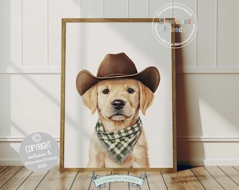 May include: A framed print featuring a Golden Retriever puppy wearing a brown cowboy hat and a green and white checkered bandana. The artwork is in a wooden frame. The image has the text "COPYRIGHT exclusive to Silverwood Friends 2025".
