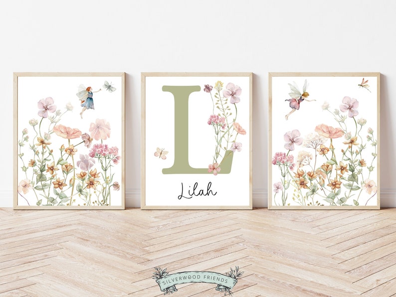 Wildflower Fairy Nursery Prints, Floral Name Nursery Wall Art, Wild Flower Nursery Art, Girl Nursery Prints, Custom Boho Baby Digital Print image 10