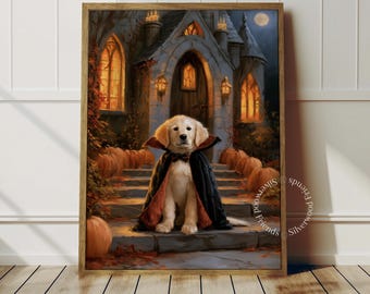 Puede incluir: Un cachorro de golden retriever con una capa negra de forro rojo sentado en escalones de piedra frente a un edificio de estilo gótico por la noche. La escena está decorada con calabazas naranjas e iluminada por una luz dorada bajo la luna llena.