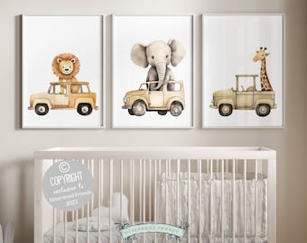 Safari Animal Car Nursery Prints, Jungle Animal Car Nursery Decor, Boys Toddler Room Safari Nursery Decor, Transport Nursery Digital Print