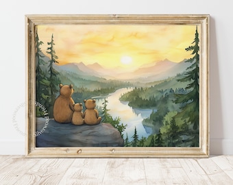 Woodland Bear Cub Family  Nursery Print, Woodland Bear Nursery Printable Wall Art (Digital Download) 287