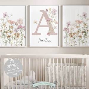 Impresiones de flores silvestres personalizadas para guardería, arte de pared con nombre floral para guardería, arte de flores silvestres para guardería, impresiones para guardería de niñas, impresión digital de flores silvestres estilo bohemio