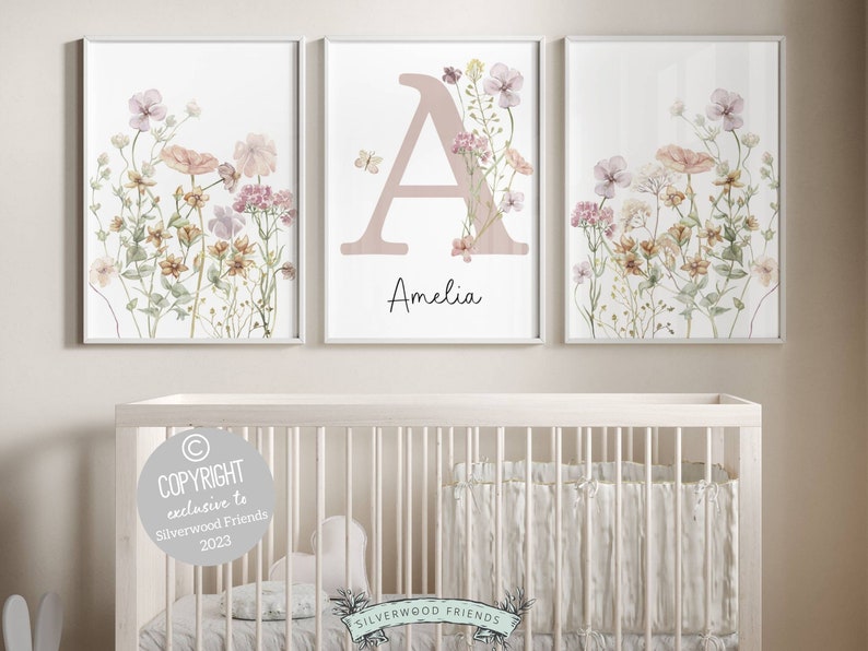 Our gorgeous custom wildflower nursery name prints with watercolour butterfly’s, are perfect as a custom nursery print set for your new baby or as a unique baby shower gift.