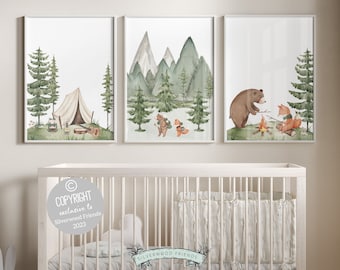 Camping Nursery Prints, Bear Nursery Decor, Bear Nursery Prints, Green Mountain Nursery Decor, Woodsy Nursery Decor, Forest Nursery Prints