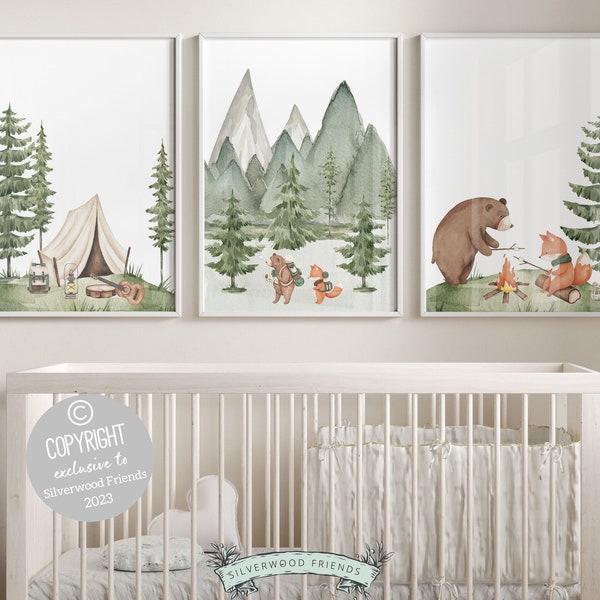 Camping Nursery Prints, Bear Nursery Decor, Bear Nursery Prints, Green Mountain Nursery Decor, Woodsy Nursery Decor, Forest Nursery Prints