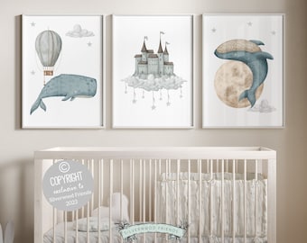 Watercolor Whale Nursery Prints, Moon Star Fairytale Nursery, Sea Life Underwater Nursery, Whale Nursery Decor, Ocean Nursery Digital Prints