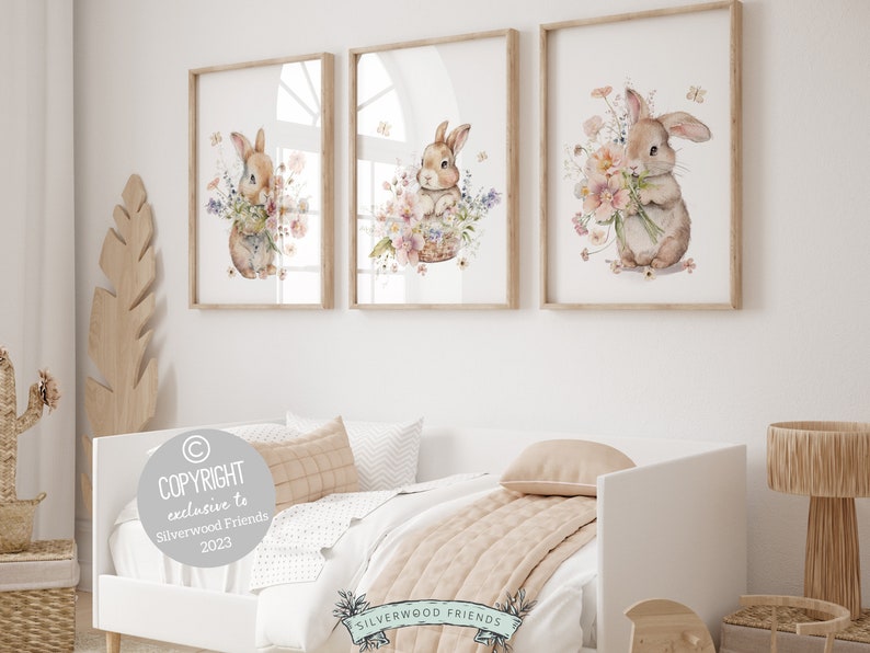 Bunny Nursery Prints, Floral Bunny Nursery Wall Art, Wildflower Nursery Decor, Girl Nursery Prints, Bunny Wildflower Nursery Digital Print immagine 2