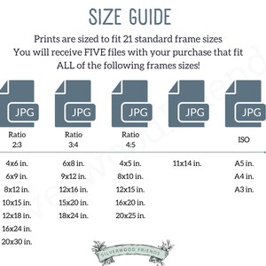 May include: A size guide for digital prints, showing five different file types and their corresponding aspect ratios. The guide lists 21 standard frame sizes in inches, including 4x6, 6x9, 8x12, 10x15, 12x18, 16x24, and 20x30.