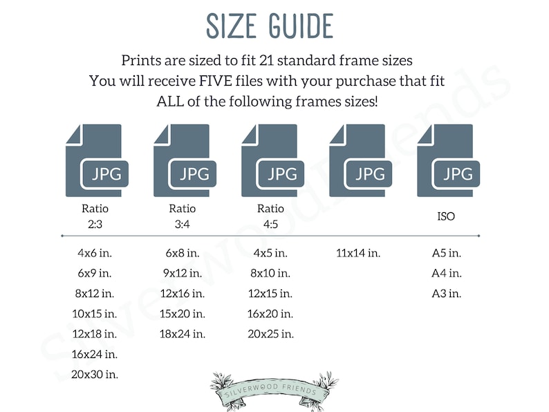 May include: A size guide for digital prints, showing five different file types and their corresponding aspect ratios. The guide lists 21 standard frame sizes in inches, including 4x6, 6x9, 8x12, 10x15, 12x18, 16x24, and 20x30.