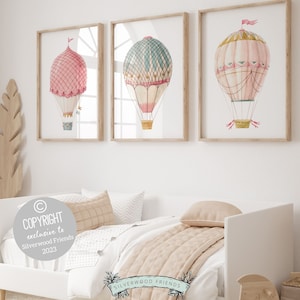 Pink Hot Air Balloon Nursery Prints, Nursery Wall Art, Girl's Nursery Decor, Trendy Dorm Room Wall Decor, Baby Girl Nursery Digital Prints