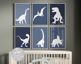 Lot de 6 impressions dinosaures, impression pour chambre d'enfant contour dinosaure bleu marine garçons, décoration de chambre bébé dinosaure, impressions numériques Silhouette dinosaure