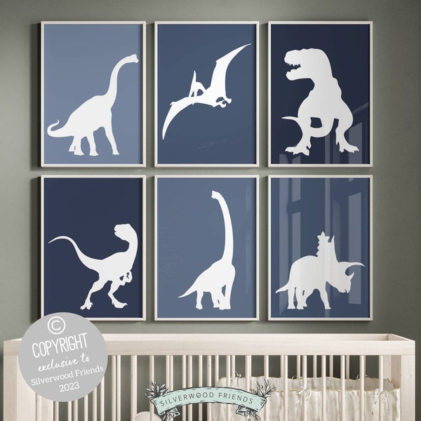 Dinosaur Printable Set of 6 Prints, Boys Navy Blue Dinosaur Outline Nursery Print, Baby Dino Room Decor, Dinosaur Silhouette Digital Prints