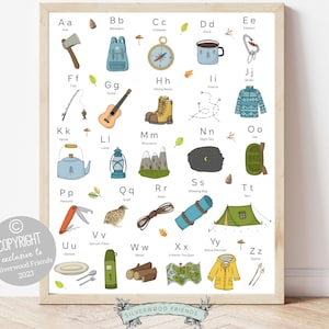Camping Alphabet Print, Camping abc Poster, Woodland ABC Alphabet Poster, Forest Alphabet Nature Nursery, Educational Classroom Printables