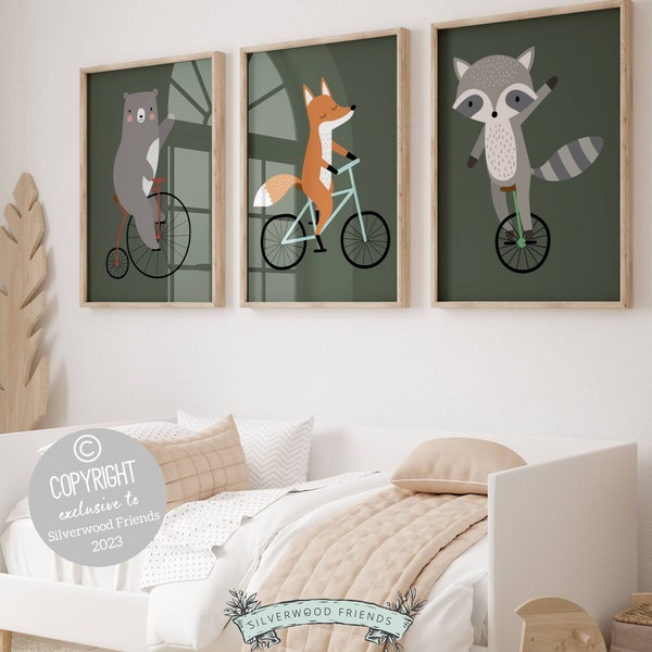 Woodland Animals Riding Bike, Set of 3 Prints, Green Woodland Nursery Decor, Animal Theme Nursery, Animal Prints, Bear Fox Raccoon Prints